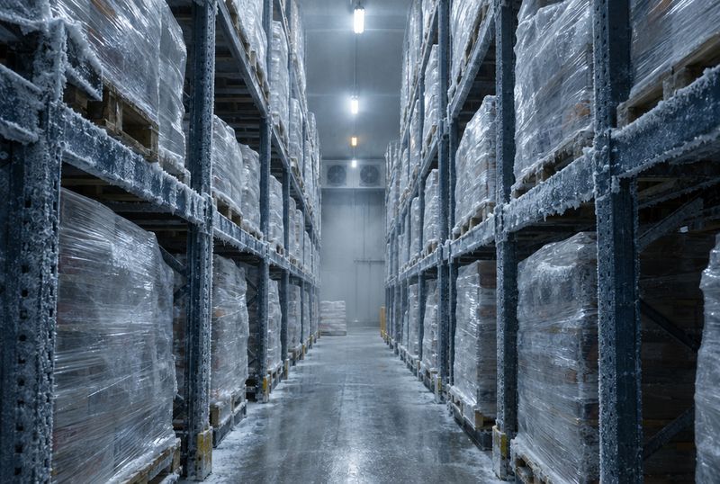 Pasillo entre racks de estibas envueltas en film con escarcha dentro de una cámara de congelación