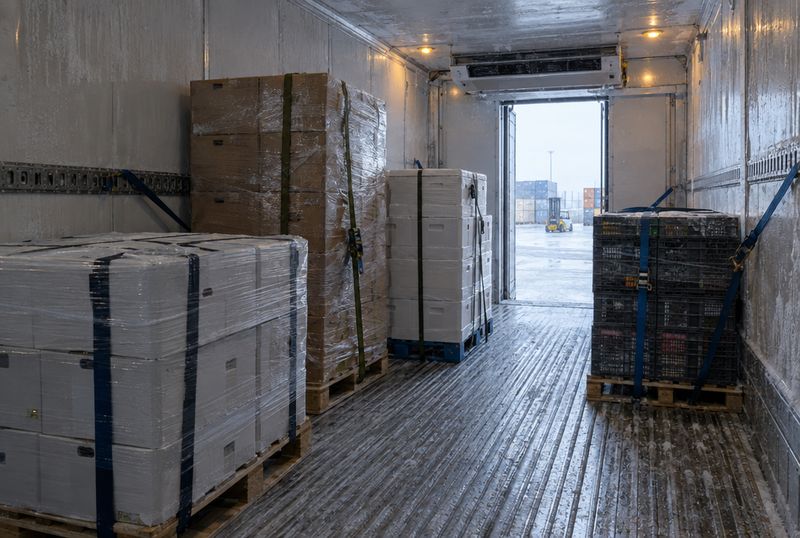 Interior de un contenedor refrigerado a media carga, con cuatro estibas distintas —cajas, bultos envueltos en film y canastillas plásticas— aseguradas con correas