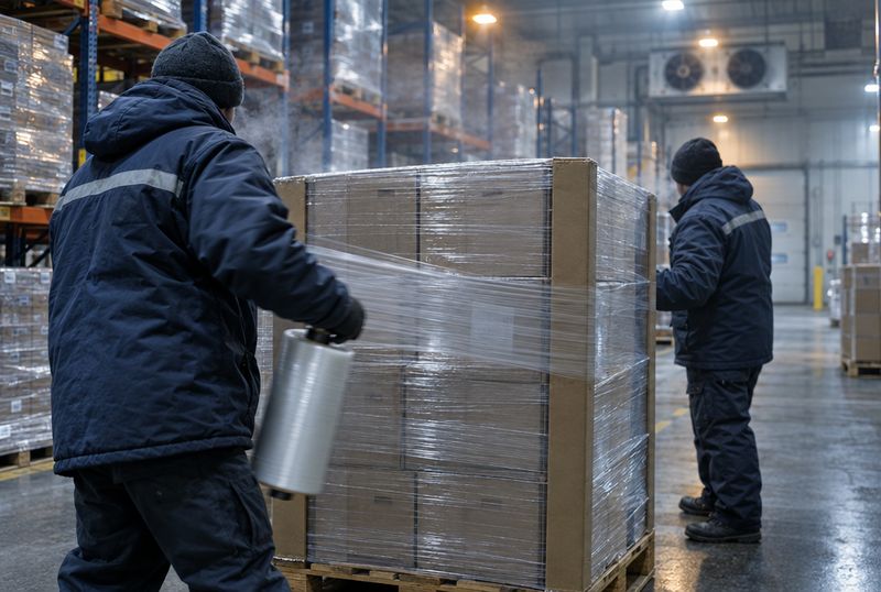 Dos operarios con chaqueta térmica envuelven con film estirable una estiba de cajas en una bodega refrigerada, con vaho frío en el aire
