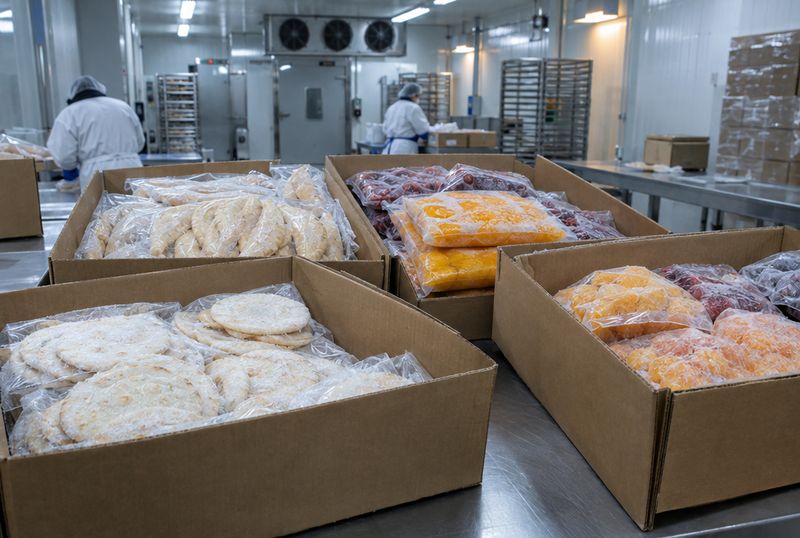 Cajas de cartón con bolsas selladas de masas, arepas y pulpa de fruta congelada sobre mesa de acero en sala fría