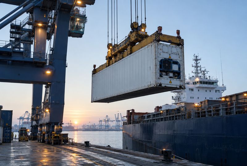 Grúa de puerto bajando un contenedor refrigerado blanco hacia la bodega de un buque al amanecer