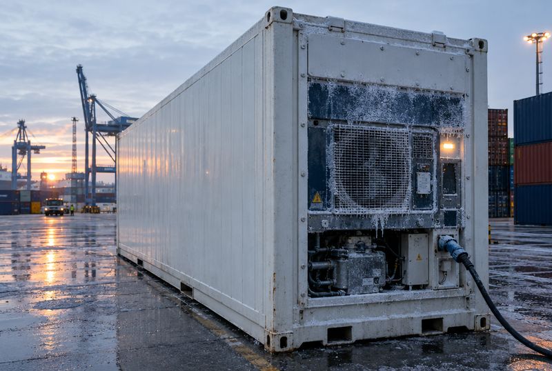 Contenedor refrigerado blanco en patio de puerto al amanecer, con la unidad de frío frontal conectada a la toma eléctrica y escarcha alrededor de las rejillas