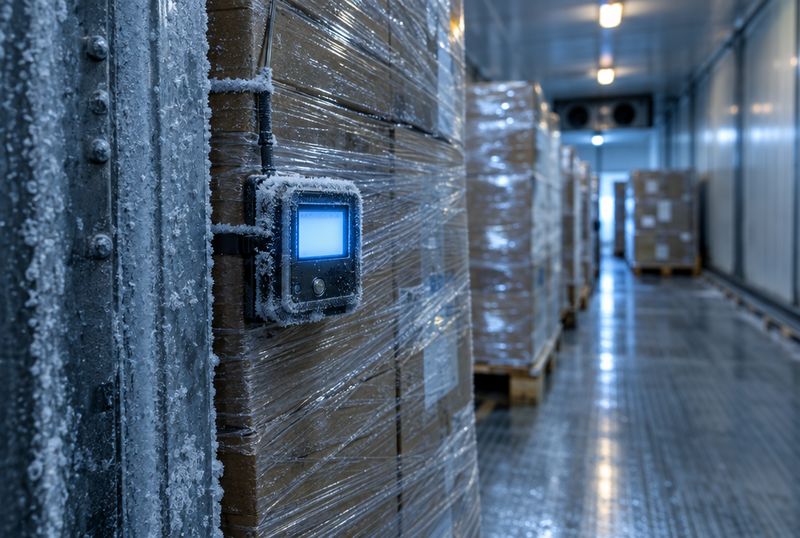 Registrador de temperatura cubierto de escarcha adherido a una estiba envuelta en film dentro de un contenedor refrigerado